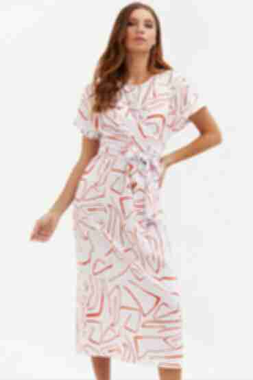 Платье миди с асимметричным поясом вискоза авторский принт на молочном большой размер