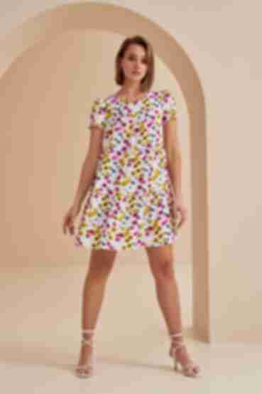 Tiered dress with short sleeves from staple author's print flowers on milky