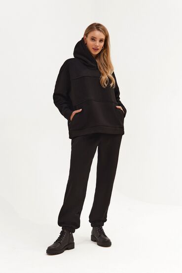 Black knitted fabric suit with hoodie with a yoke and trousers