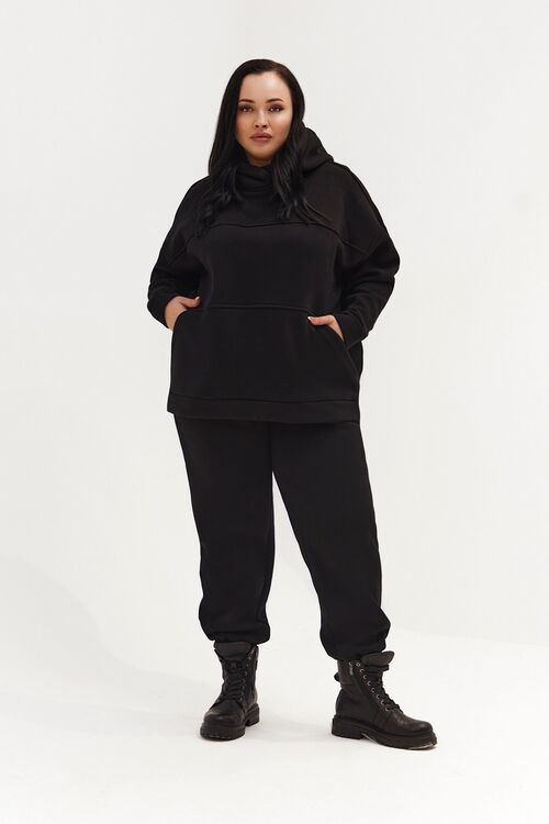 Black knitted fabric suit with hoodie with a yoke and trousers plus size