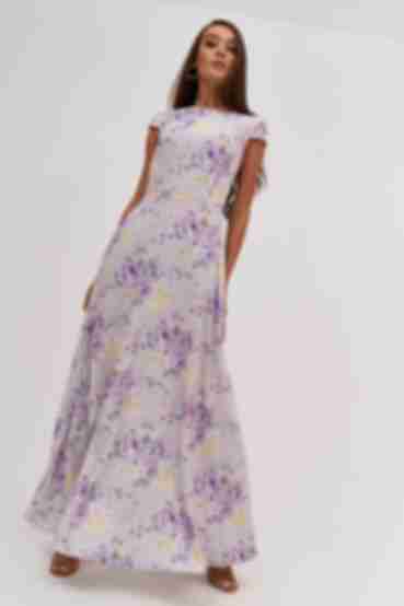Довга сукня зі спідницею трапецією квітковий принт на бузковому