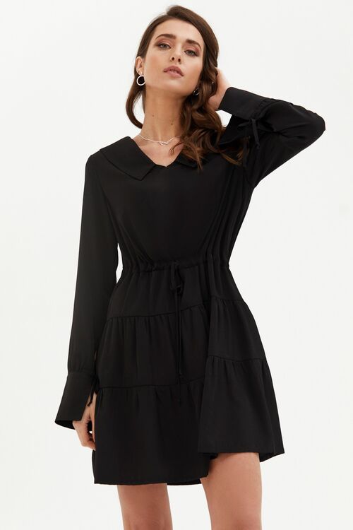 Black mini long-sleeved dress with collar made of polished staple cotton