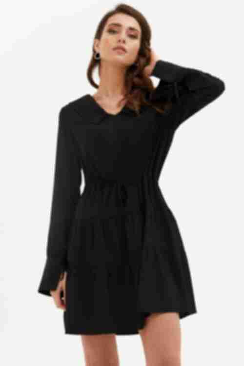 Платье мини с воротником длинный рукав полированный штапель черное