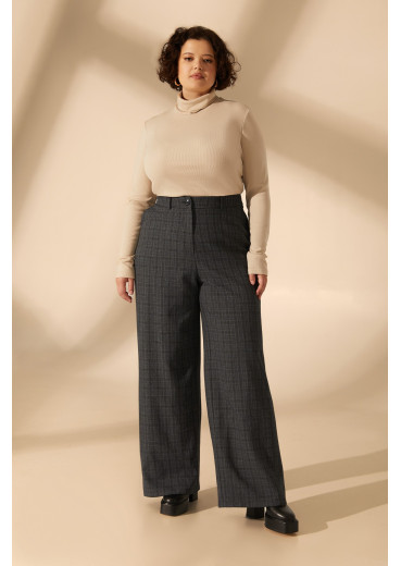 Straight trousers made of suiting fabric in graphite checks plus size