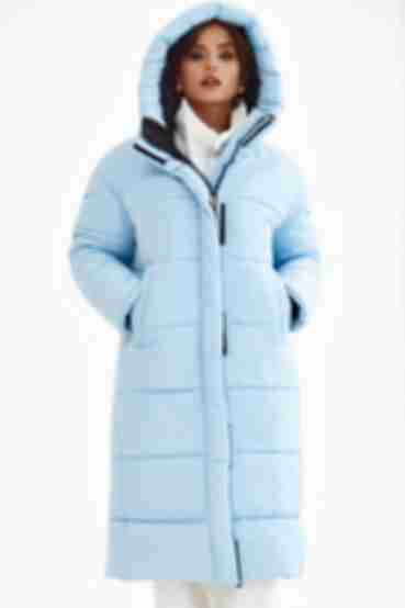 Sky blue long quilted hooded jacket