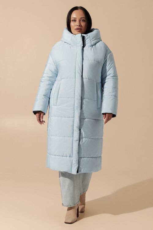 Sky blue long quilted hooded jacket plus size