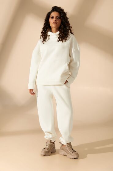 Milky knitted suit with hoodie with a yoke and trousers