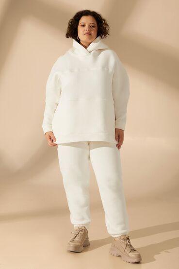 Milky knitted suit with hoodie with a yoke and trousers plus size