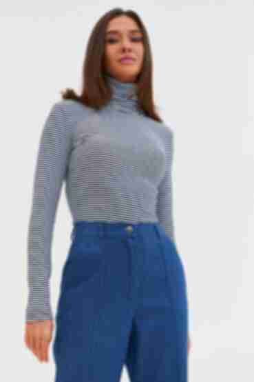 Knitted turtleneck with narrow blue and white stripes