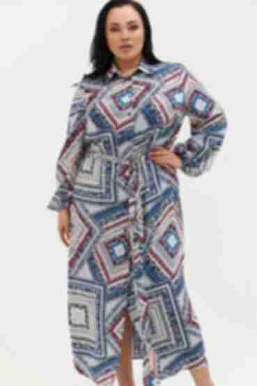 Платье-рубашка мидакси с длинным рукавом штапель в принт на небесном большой размер