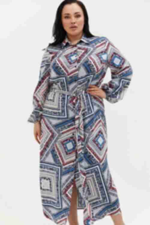 Sky blue midaxi shirt dress with long sleeves made of printed staple cotton plus size