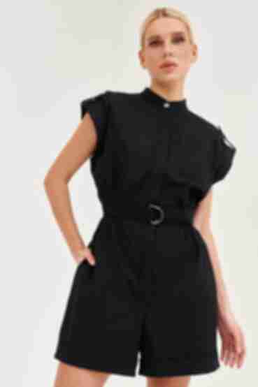 Black linen jumpsuit with patch pockets