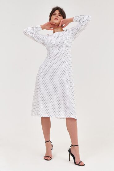 White midi staple cotton dress in black polka dots