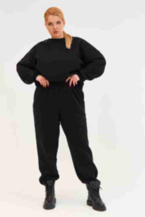 Black knitted trousers with fleece plus size