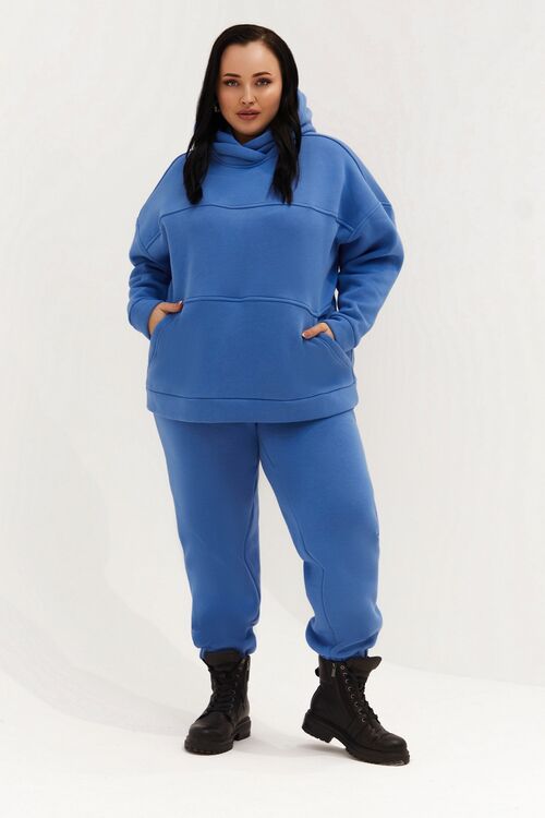 Denim knitted fabric suit with hoodie a yoke and pants plus size