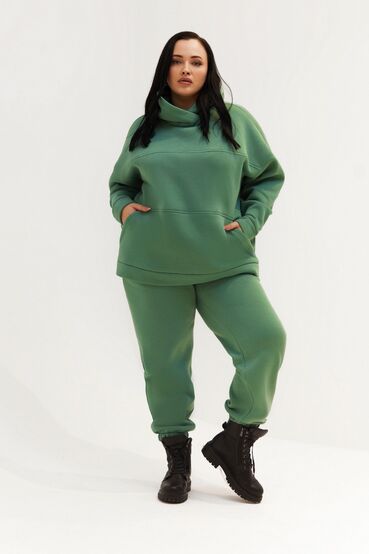 Sage knitted fabric suit with hoodie a yoke and pants plus size