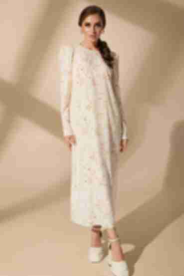 Beige midi soft rayon dress with slit in flowers