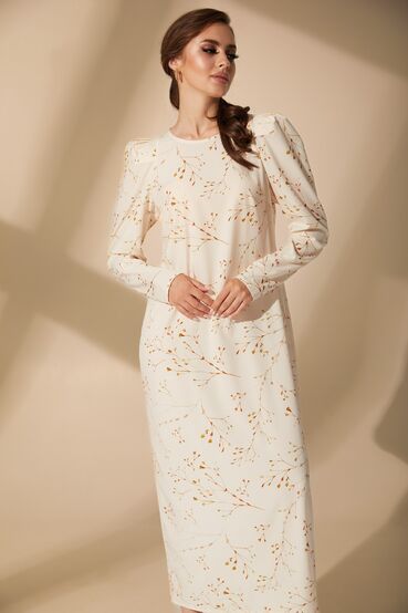 Beige midi soft rayon dress with slit in flowers #2