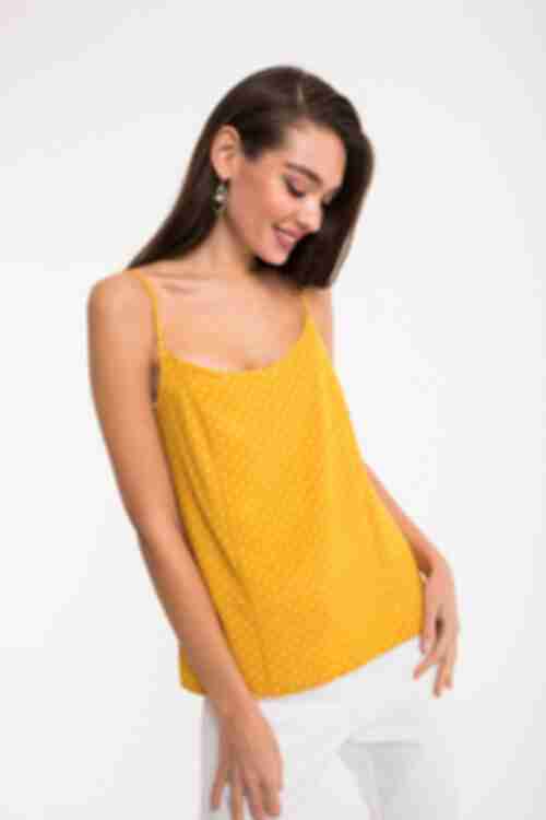 Yellow soft rayon shoulder strap top in milky dots