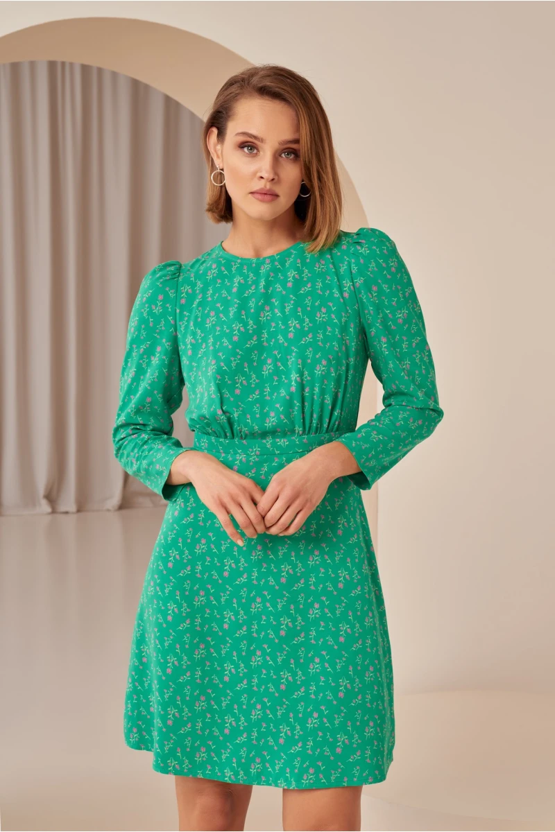 Green mini dress in small flowers made of dense staple cotton #2
