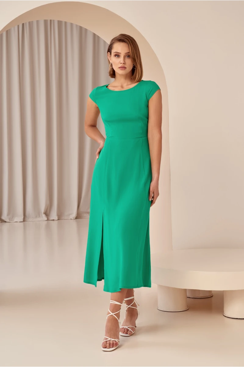 Green midaxi dress with a slit and a cutout on the back made of dense staple cotton