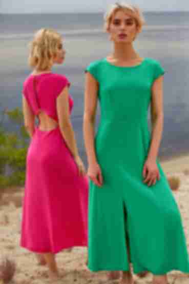 Green midaxi dress with a slit and a cutout on the back made of dense staple cotton