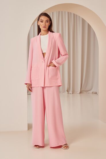 Light pink eco linen suit with oversize jacket and palazzo trousers