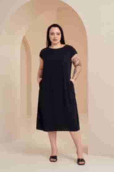 Платье с коротким рукавом деми штапель черное большой размер