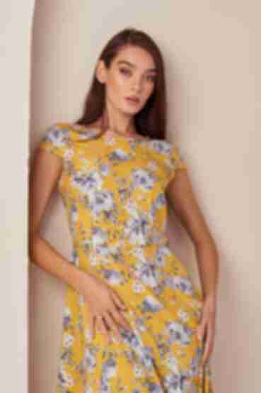 Платье макси юбка трапеция софт серый акварельный принт на желтом