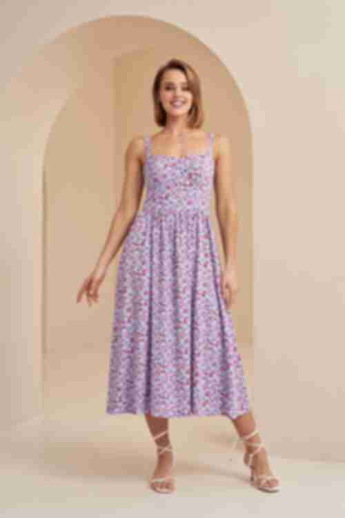Midi dress with corset top dense staple pink flowers on blue