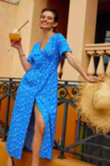 Blue midi staple cotton dress with short sleeves in orange flowers