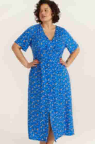 Blue midi staple cotton dress with short sleeves in orange flowers plus size
