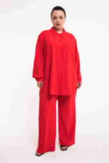 Red crushed viscose suit with blouse and palazzo trousers plus size