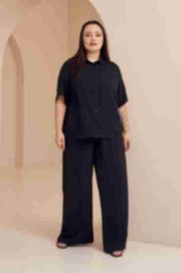 Костюм блуза з коротким рукавом та брюки палацо віскоза жатка чорний великий розмір
