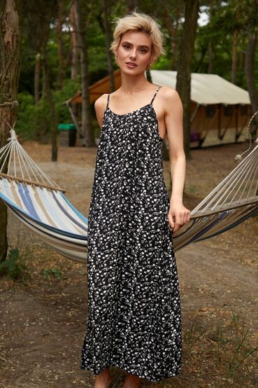 Black staple cotton dress with a tie neck in milky flowers