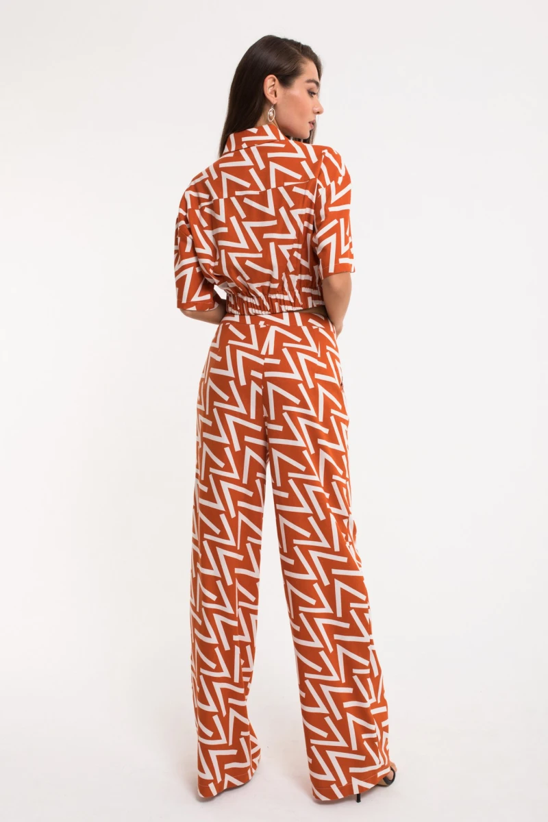 Рубашка укороченная на резинке авторский принт на оранжевом лен