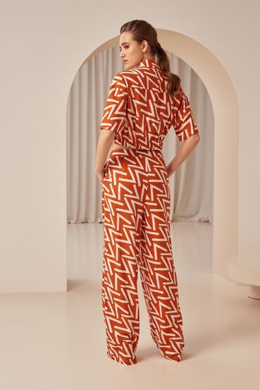 Orange straight linen trousers in designer print #2