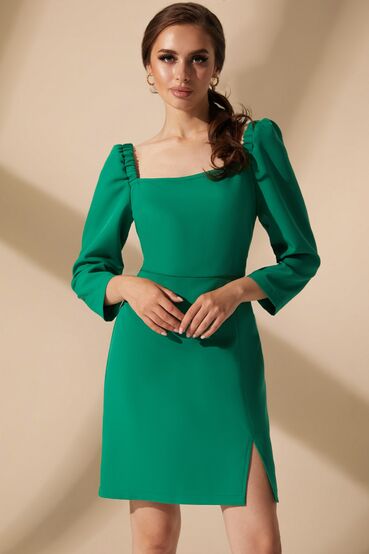 Emerald mini dress with a slit made of suiting fabric #2