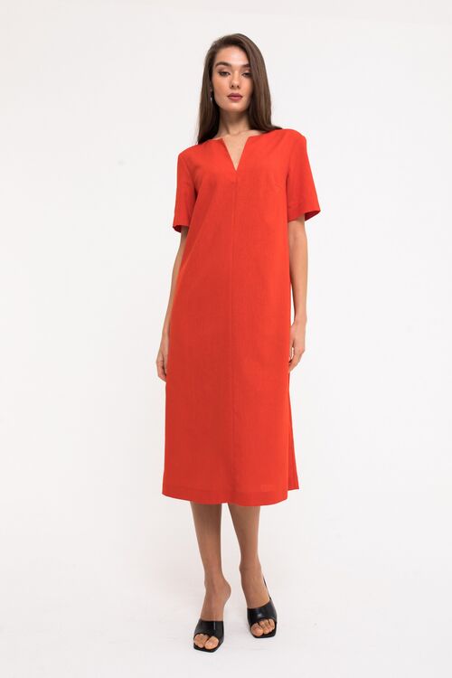 Orange midi linen slit dress