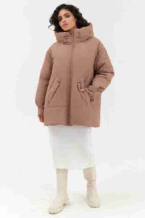 Latte short hooded jacket made of raincoat fabric