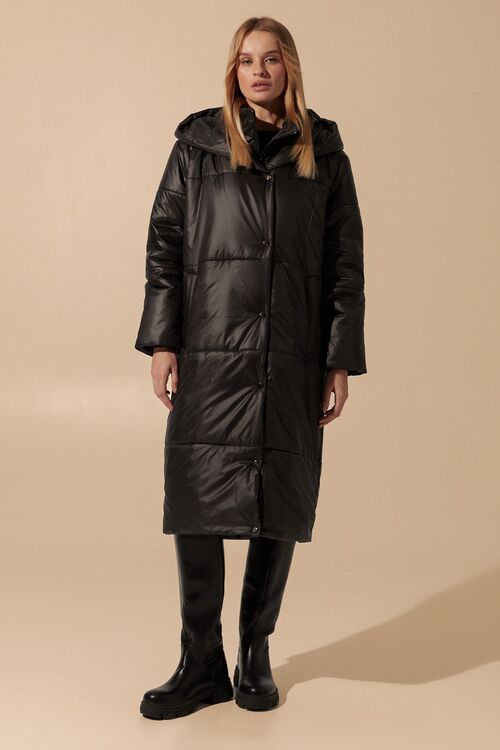 Black hooded jacket with band collar made of raincoat fabric