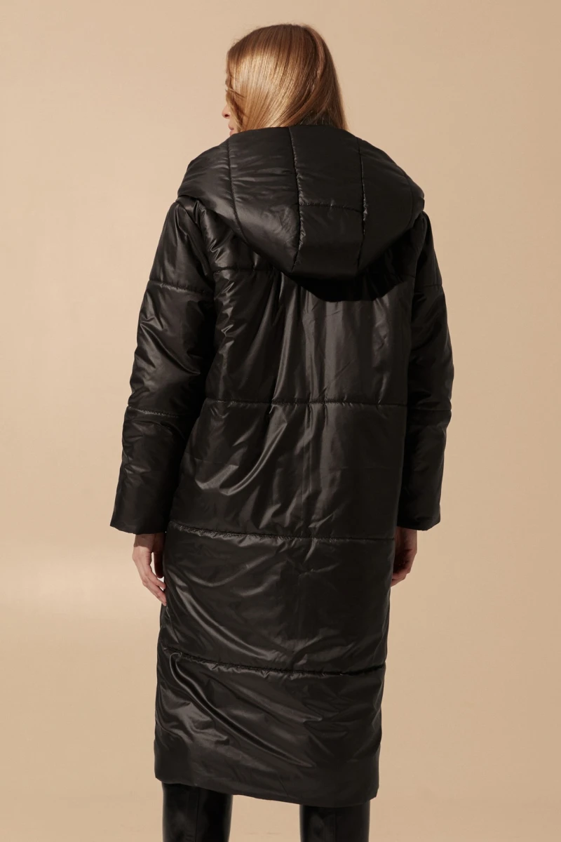 Black hooded jacket with band collar made of raincoat fabric