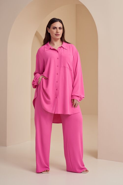 Pink crushed viscose suit with blouse and palazzo trousers plus size