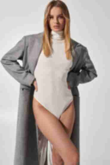 Milky bodysuit with a turtleneck made of ribbed knitted fabric