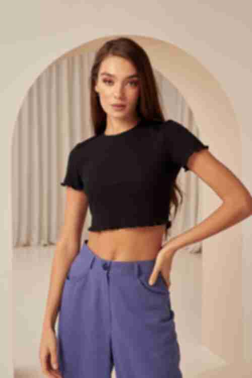 Black cropped T-shirt made of  ribbed knitted fabric