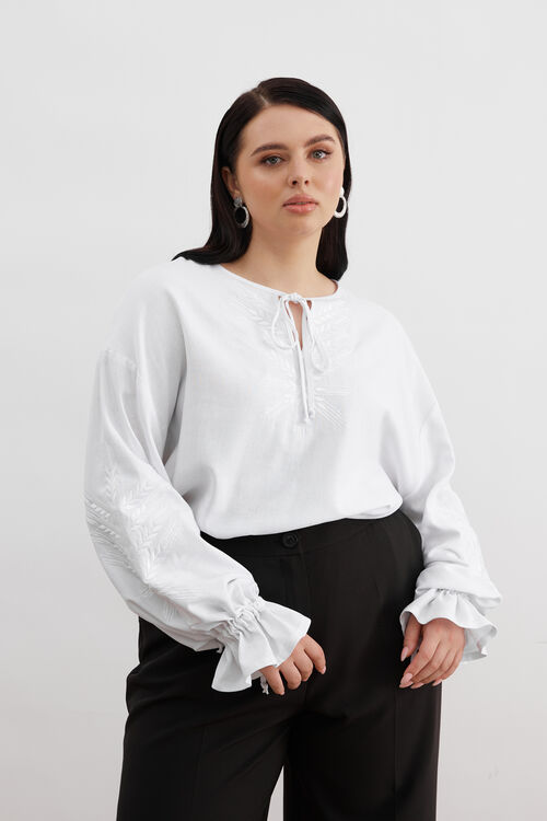 Embroidered white shirt with white designer ornament plus size