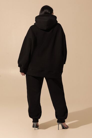 Black suit with hooded sweatshirt and pants made of knitted fabric with fleece plus size #2