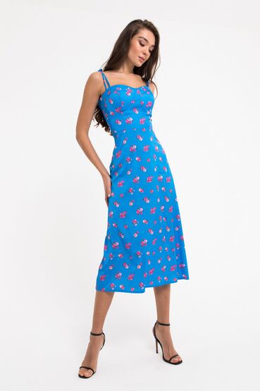 Blue midi sundress with ties in roses made of artificial silk