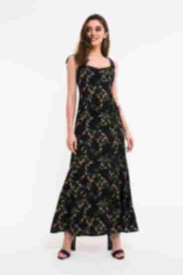 Black midi staple cotton sundress with a tie in flowers