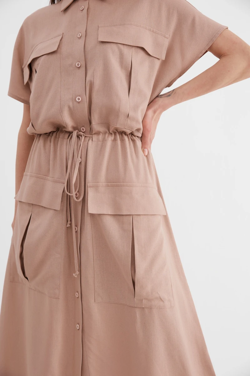 Latte midi linen waistband dress with pockets